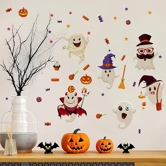 6 Sheet Halloween Stickers Clings Cute Ghost Decals Decor for Kids, Vintage Ghost Evil Pumpkin Reusable Window Stickers for Halloween Party Supplies Home Glass Decorations-CasaMuseHome