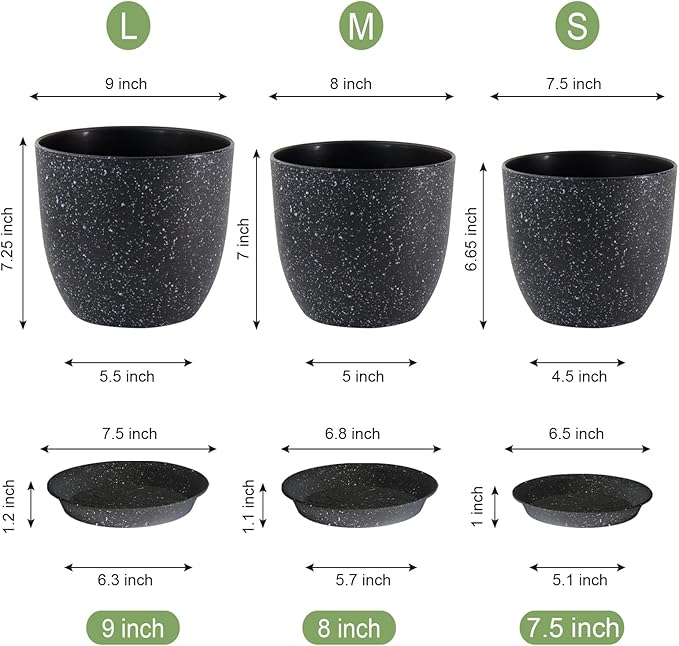 9/8/7.5 inch Plant Pots, Set of 3 Modern Decorative Plastic Planters with Drainage Holes and Saucer for Garden House Plants, Flower Pots for Indoor Outdoor Plants, Speckled Black-CasaMuseHome