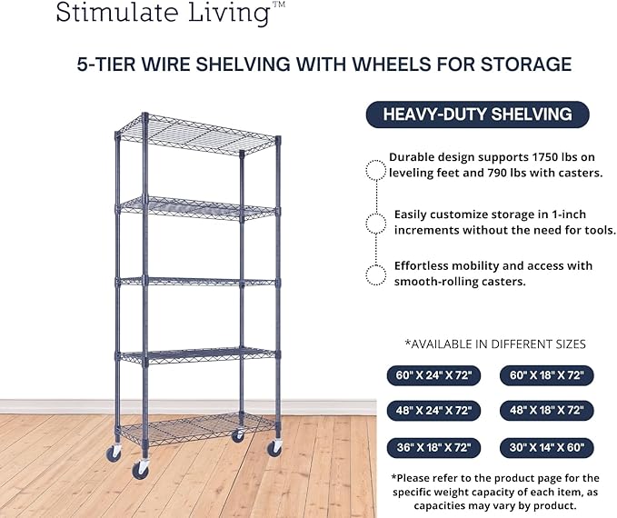 30"x14"x60" PRIME HEAVY DUTY Black 5-Tier Wire Shelving 1,750 LBS MAX Capacity Storage Rack for Commercial, School, Home, Garage, Warehouse, Industrial, and Hospital Uses (with Wheels)-CasaMuseHome