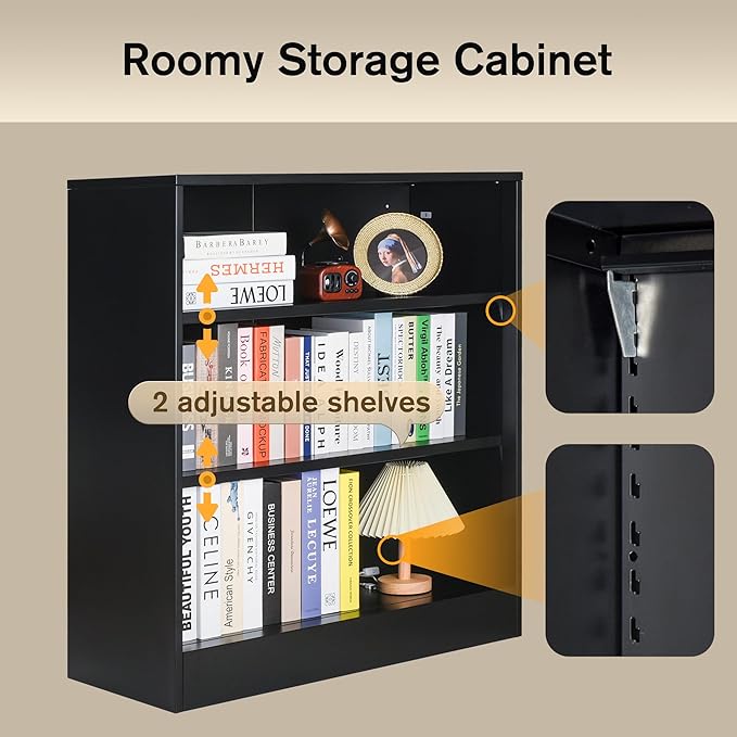 3-Tier Metal Open Shelf Bookcase, Bookcase with Adjustable Shelves, Floor Standing Book Shelf, Freestanding Display Storage Shelves, Curio Cabint Display Case for Small Places/Living Room/Corner-CasaMuseHome