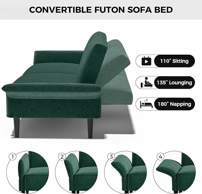 89” Futon Sofa Bed, Velvet Fabric Comfy Futon Couch Bed with 2 Square Pillows, Convertible Sleeper Sofa with Adjustable Backrest& Armrests, Modern Loveseat Sleeper for Living Room, Bedroom-CasaMuseHome