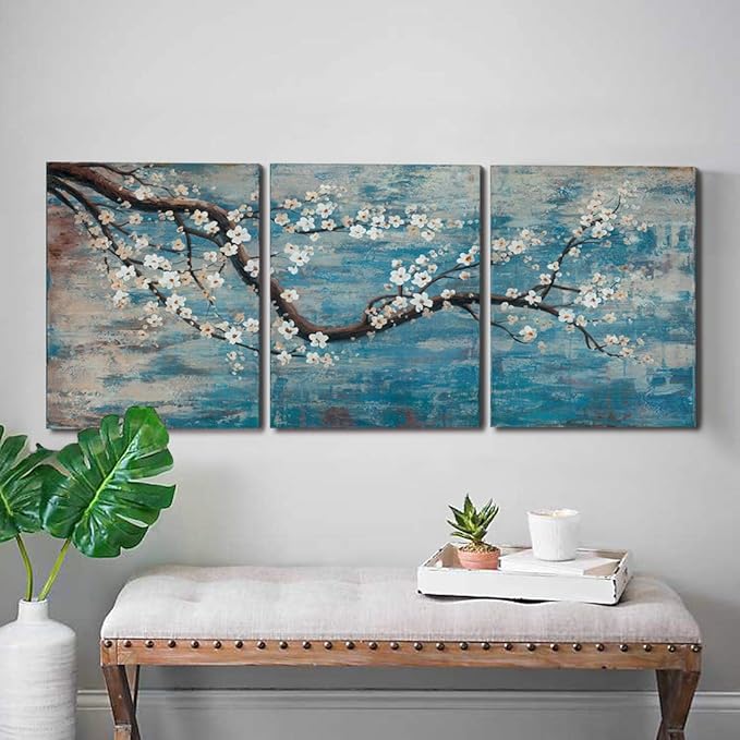 3 Piece Wall Art Hand-Painted Framed Flower Oil Painting On Canvas Gallery Wrapped Modern Floral Artwork for Living Room Bedroom Décor Teal Blue Lake Ready to Hang 12"x16"x3 panel-CasaMuseHome