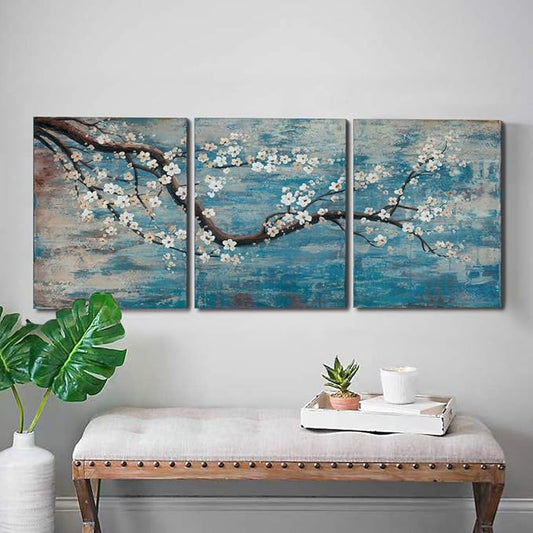 3 Piece Wall Art Hand-Painted Framed Flower Oil Painting On Canvas Gallery Wrapped Modern Floral Artwork for Living Room Bedroom Décor Teal Blue Lake Ready to Hang 12"x16"x3 panel-CasaMuseHome