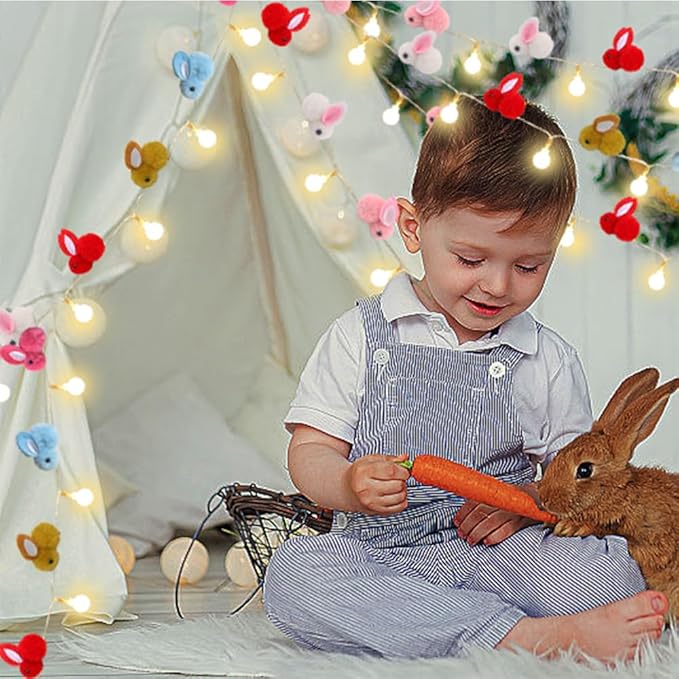 9.85Ft Easter Decor String Lights with Timer 20 Rabbit Shaped Pompoms 20 Ball LED Garland Battery Operated Easter Decorations Bunny Lights for Home Party Kids Room Bedroom Birthday Wedding Indoor-CasaMuseHome
