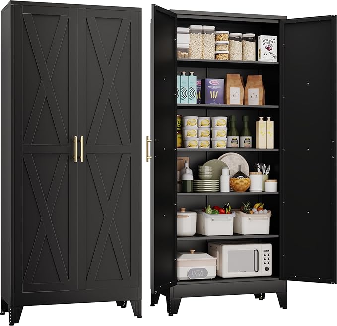75" Tall Metal Kitchen Pantry Storage Cabinet, Freestanding Cupboard with 2 Doors and 5 Adjustable Shelves, Standing Storage for Kitchen, Bathroom, Garage, Dinning Room or Utility Room（Black）-CasaMuseHome