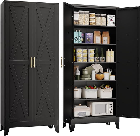 75" Tall Metal Kitchen Pantry Storage Cabinet, Freestanding Cupboard with 2 Doors and 5 Adjustable Shelves, Standing Storage for Kitchen, Bathroom, Garage, Dinning Room or Utility Room（Black）-CasaMuseHome