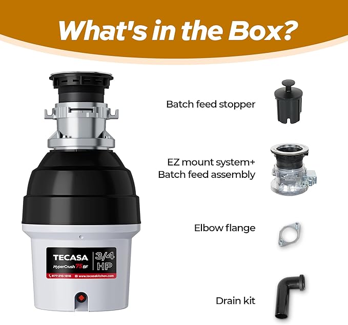 3/4 HP Batch Feed Garbage Disposal, TECASA Stainless Steel Food Waste Grinding System for Kitchen Sink Food Waste, Power Cord Included, Sound Reduction, Grey and Black - HyperCrush 75 BF-CasaMuseHome