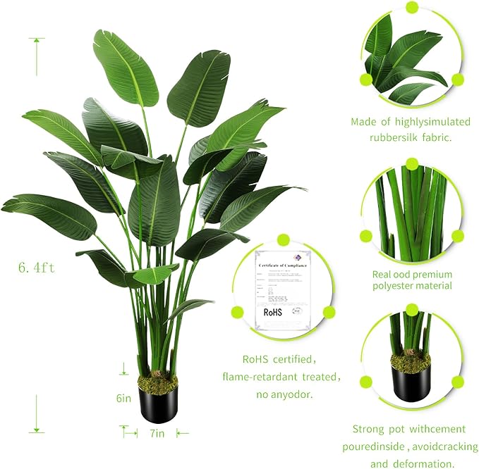 6.5ft Artificial Silk Bird of Paradise Palm Tree (78in) with 17 Trunks Faux Tree and Plastic Nursery Pot, Fake Plant for Office House Farmhouse Living Room Home Decor (Indoor/Outdoor)-CasaMuseHome