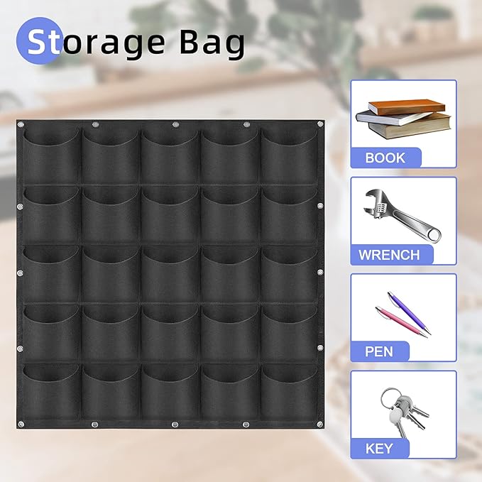 25 Pockets Hanging Planter Bags, Hanging Vertical Wall Mounted Plant Planting Grow Bags, Herb Garden Planter Outdoor Indoor Growing Bag, Gardening Vertical Greening Flower Container(1m×1m, Black)-CasaMuseHome