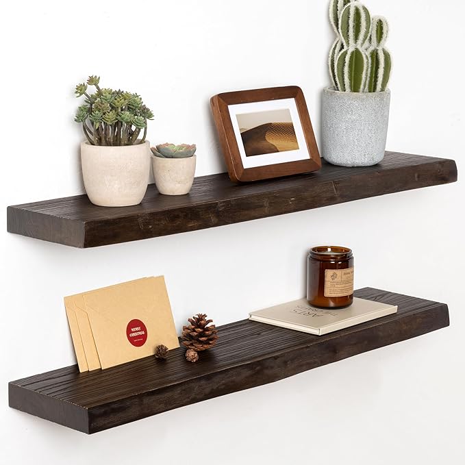 30" Floating Shelves, Live Edge Solid Elm Wood Floating Shelf, Wall Mounted Display Shelves with Heavy-Duty Bracket for Books, Rustic Wooden Shelf for Kitchen, Bathroom, Walnut Color, Set of 2-CasaMuseHome