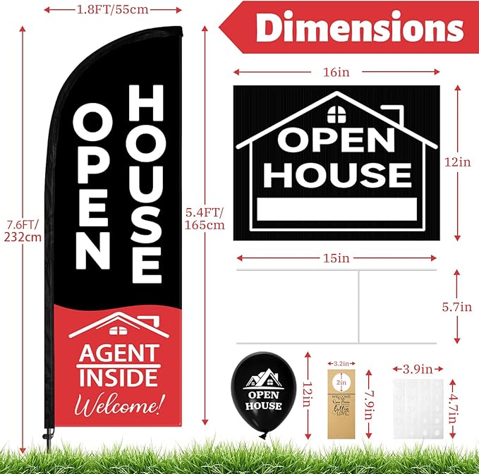 44 Pcs Open House Signs for Real Estate, Double Sided Open House Flag Kit, 7.6 x 5.4 Ft Black Banner Flag Poles Set for Outside, Directional Arrows Sign Stakes Balloons for Open House Supplies-CasaMuseHome