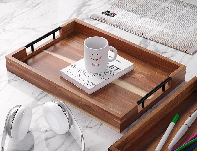 Acacia Wood Serving Tray with Metal Handles,17x12in Ottoman Decorative Trays Platter for Coffee Table,Living Room,Bar,Party(Large)-CasaMuseHome