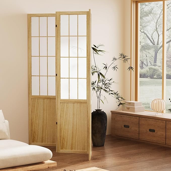 5.6FT Room Divider and Folding Portable Partition Screen, Chinese Japanese Shoji Style for Room Separation - 4 Panel (Natural)-CasaMuseHome
