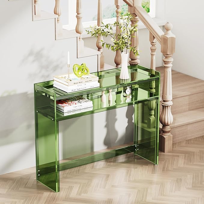 Acrylic Console Table, Entryway Table with Storage Shelves (Green)-CasaMuseHome