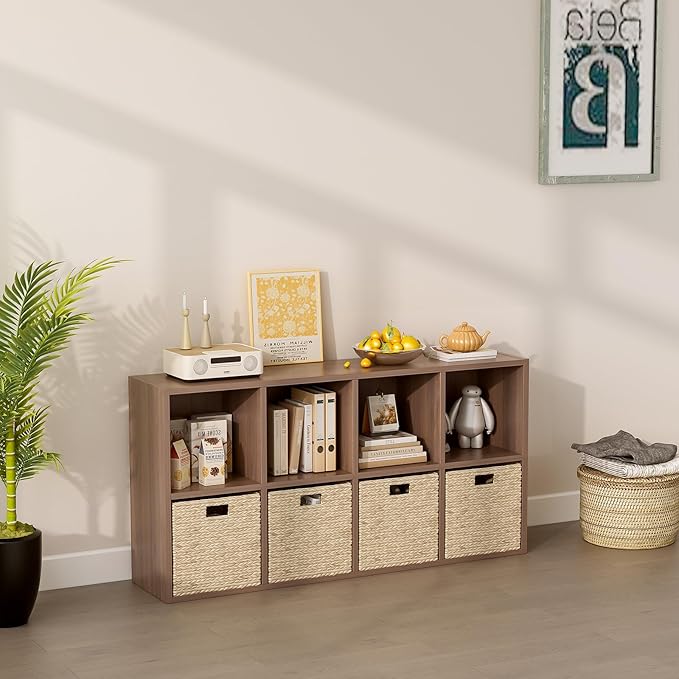 8-Cube Storage Shelf Bookcase - Wooden 4-Tier Floor Standing Open Bookshelf for Home and Office, Cuby Orgainzer, Walnut-CasaMuseHome