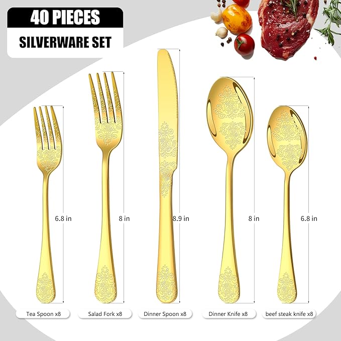 40 Pcs Gold Silverware Set for 8 with Classical Flower Embossed Design, Food Grade Stainless Steel Flatware Set, Eating Utensils Sets Include Fork/Knife/Spoon, Cutlery Set, Dishwasher Safe-CasaMuseHome