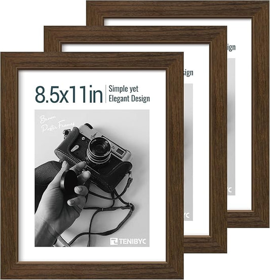 8.5x11 Picture Frame Set of 3 - Brown Woodgrain, Wood Photo Frame, HD Tempered Glass, Table Display or Wall Hanging-CasaMuseHome