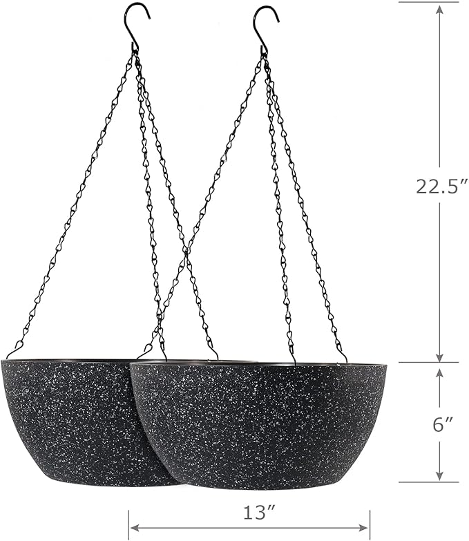 13 inch Large Hanging Planters Plant Pots for Outdoor Indoor Plants with Drainage Holes and Chain, 2 Pack Round Hanging Flower Pots for Garden Home Porch Decor, Speckled Black-CasaMuseHome