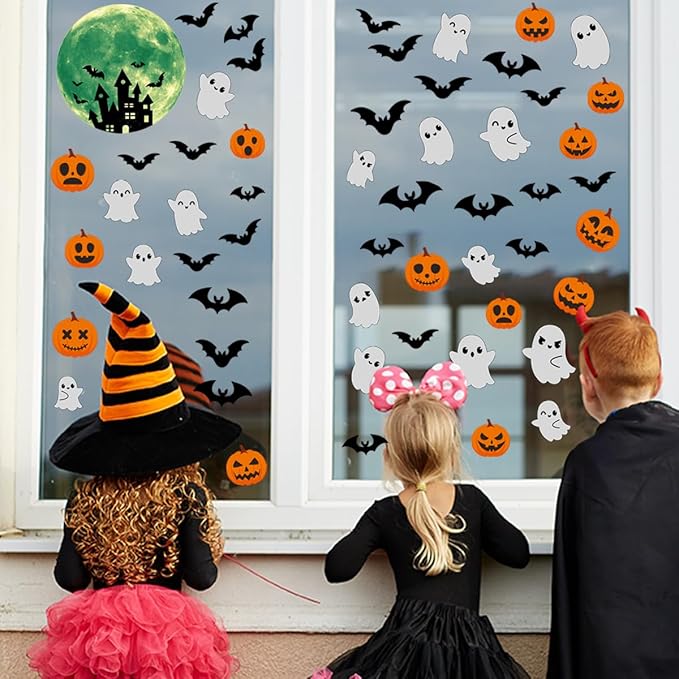 6 Sheets Halloween Window Clings Halloween Window Stickers Double-Sided Removable Castle Pumpkin Ghost Bat Window Decals Decor for Scary Halloween Theme Party Decorations-CasaMuseHome