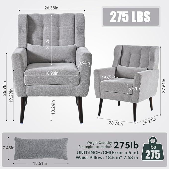Accent Chair Set of 2, Upholstered Armchair with Pillow, Fabric Single Sofa Chair with Lounge Seat and Wood Legs Accent Chair for Living Room Small Spaces (Grey, Set of 2)-CasaMuseHome