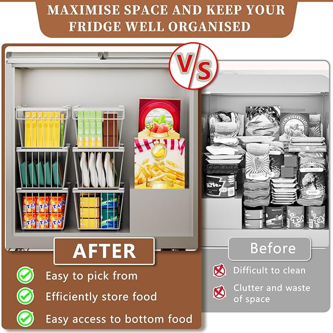 6 Pack Stackable Deep Freezer Organizer Bins ，Upgraded Bottom Leak-Proof net，Encryption and Hardening ， Freezer Organizer Bins for 5 to 9 Cu.FT Small Chest Freezer， Easy Get Bottom Foods-CasaMuseHome