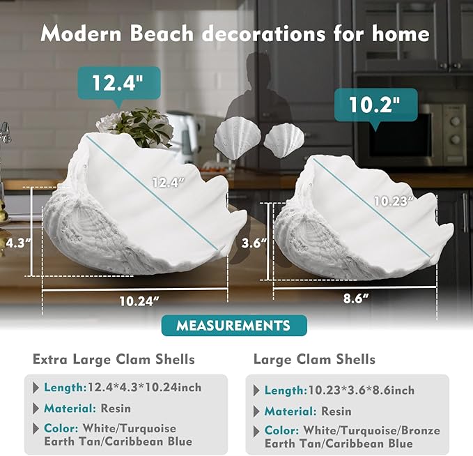 Accessoryway Large White Sea Shells Decorative Bowl Resin Clam Shell Bowl Beach Decorations for Home Coastal Beach Decor Decoration Storage Bowls & Home Office Nautical Themed Party Decor -10.2"-1PC-CasaMuseHome
