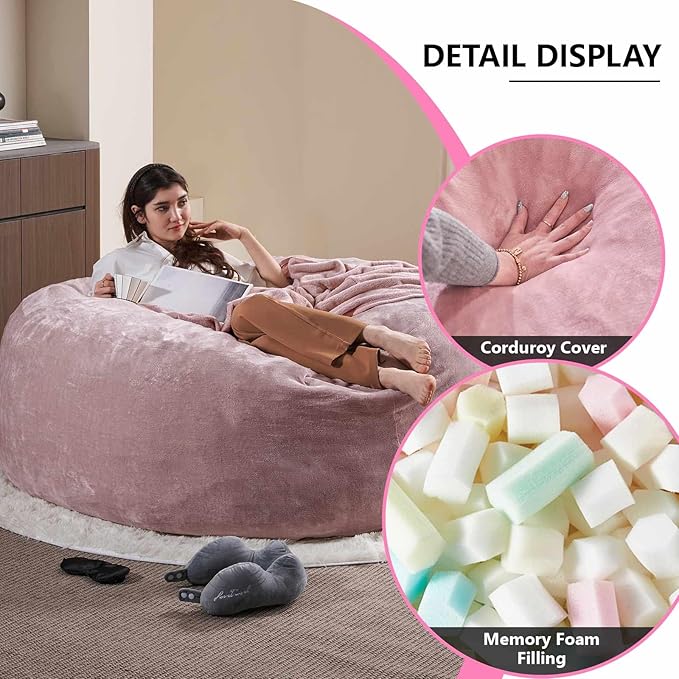 6FT,Oversized Bean Bag Chairs for Adults,Giant beanbag with Filler Included，Fluffy Memory Foam,Soft and Comfy Corduroy Fabric,Gaming Chairs Suitable for Living Room and Bedroom (Pink, 6 Foot)-CasaMuseHome