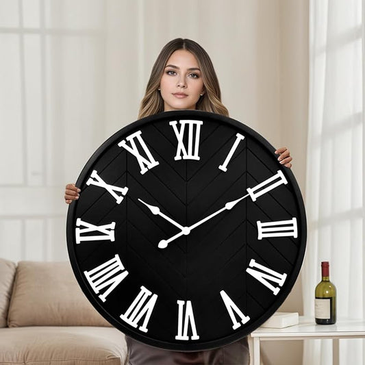 30 Inch Large Wall Clock Farmhouse Style - Black Silent Non-Ticking Rustic Decor for Living Room, Kitchen, Bedroom-CasaMuseHome