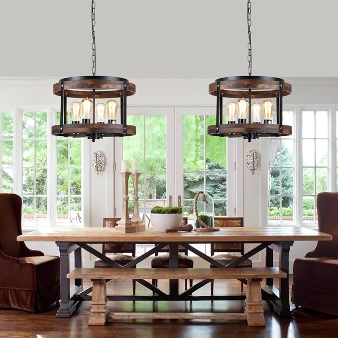 4-Light Large Rustic Farmhouse Plug in Pendant Light Fixture with Adjustable Chain, Dimmable Switch, 16.5 inch Oak Wood Drum Hanging Lamp for Dining Room Living Room Farmhouse Entry, Black-CasaMuseHome