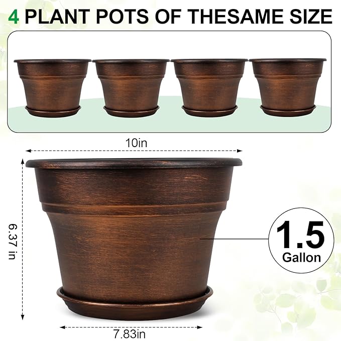 10 Inch Planters Plant Pots Indoor Outdoor, 4 Pack Plastic Flower Pot for Indoor Plants with Drainage Holes & Trays, Resin Decorative Container Sets with Saucer for House Garden Copper-CasaMuseHome