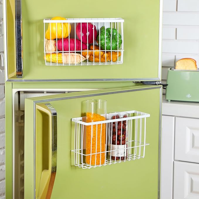 3 Pcs Magnetic or Adhesive Refrigerator Organizer Magnetic Baskets Kitchen Holder for Refrigerator Metal Shelf Rack Storage with 2 Types of Installation(White)-CasaMuseHome