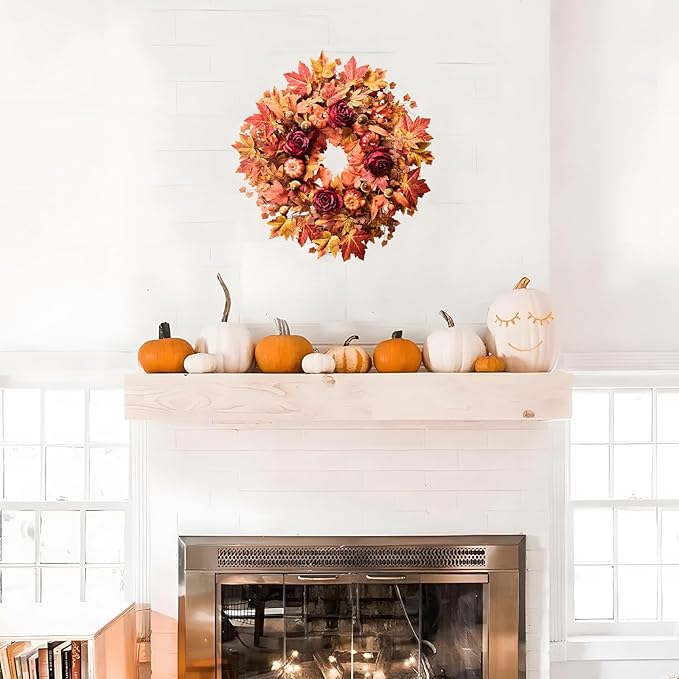 26'' Large Fall Wreath for Front Door, Autumn Wreaths for Outdoor Home Decor - Farmhouse Wreath with Maple Leaves, Pumpkins, Roses, Thanksgiving Decoration, Rustic Harvest Festival Door Hanging-CasaMuseHome