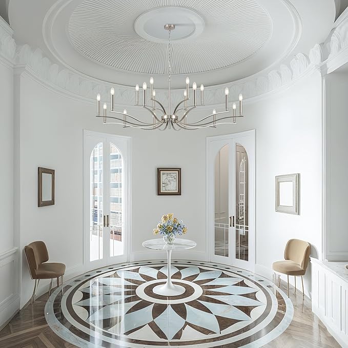 18 Light Nickel Living Room Chandelier High Ceiling Foyer Candle Chandelier Large Modern 59in Metal Chandeliers Hanging Light for Master Bedroom Dining Room Light Fixture Over Table-CasaMuseHome