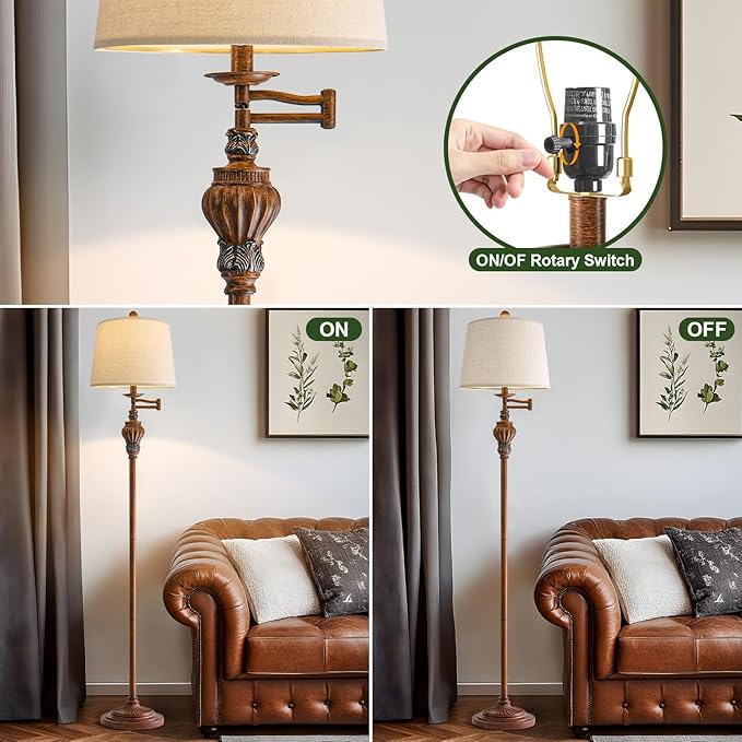 61" Vintage Floor Lamp with 350° Adjustable Swing Arm, Standing Lamp for Bedroom Living Room Bedside Tall lamp Nightstand Retro Farmhouse Mid Century Lamp Light Home Décor Office Gifts-CasaMuseHome