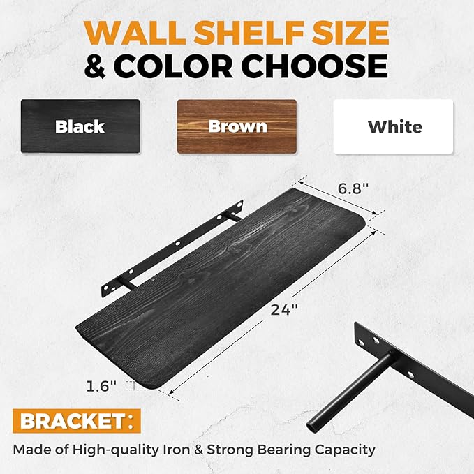 24"x6.8"x1.6" Slanted Floating Wall Shelves 2-Pack - Rustic Black Finish, Heavy-Duty Solid Wood Design with Hidden Brackets - Perfect for Living Room, Kitchen, Bathroom, or Office-CasaMuseHome
