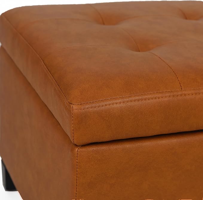 Adeco 17.5" Faux Leather Storage Ottoman with Hinged Lid, 14 Inch High Square Cube Foot Stool with Storage, Upholstered Vanity Stool with Solid Wood Legs for Living Room, Bedroom, Dorm (Warm Orange)-CasaMuseHome