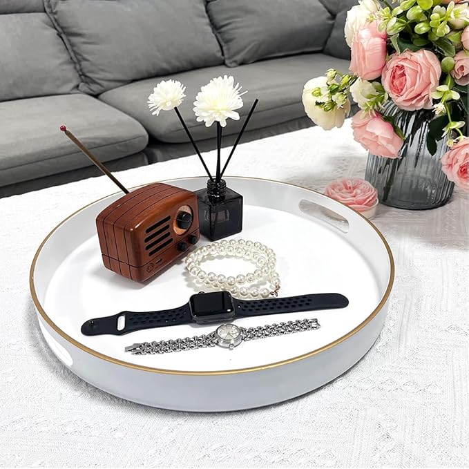 13" Round Decorative Tray, White Serving Tray with Handles, Plastic Coffee Table Tray for Ottoman, Living Room, Bathroom, Décor.-CasaMuseHome