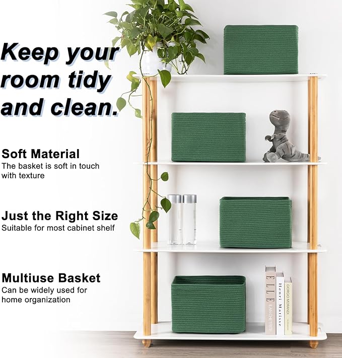 4 Pack Storage Baskets for Organizing, Woven Baskets for Shelves - Perfect for Toys, Books, Towels, and Clothes, Durable Gift Basket Bins Toy Storage, 12.7''L x9''W x7.8''H, Green-CasaMuseHome