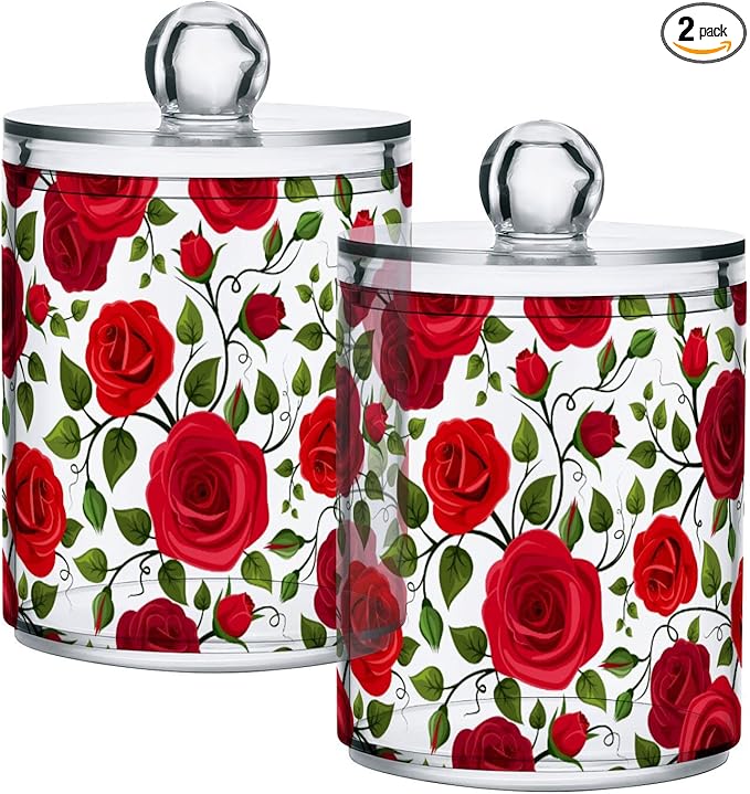 2 Pack Qtip Holder Dispenser Red Rose Flowers Bathroom Storage Canister Lid Acrylic Plastic Apothecary Jar Set Vanity Makeup Organizer for Cotton Swab/Ball/Round Pads, Floss-CasaMuseHome