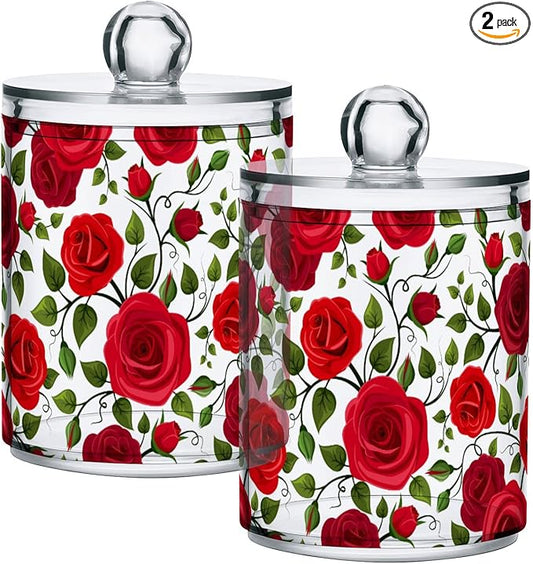 2 Pack Qtip Holder Dispenser Red Rose Flowers Bathroom Storage Canister Lid Acrylic Plastic Apothecary Jar Set Vanity Makeup Organizer for Cotton Swab/Ball/Round Pads, Floss-CasaMuseHome
