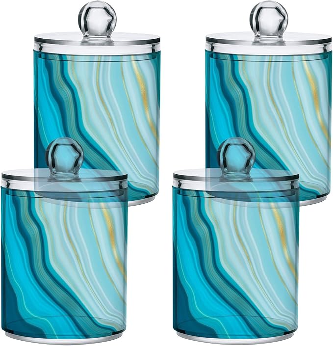 2 Pack Qtip Holder Dispenser Teal Turquoise Blue Marble Bathroom Storage Canister Lid Acrylic Plastic Apothecary Jar Set Vanity Makeup Organizer for Cotton Swab/Ball/Round Pads, Floss-CasaMuseHome