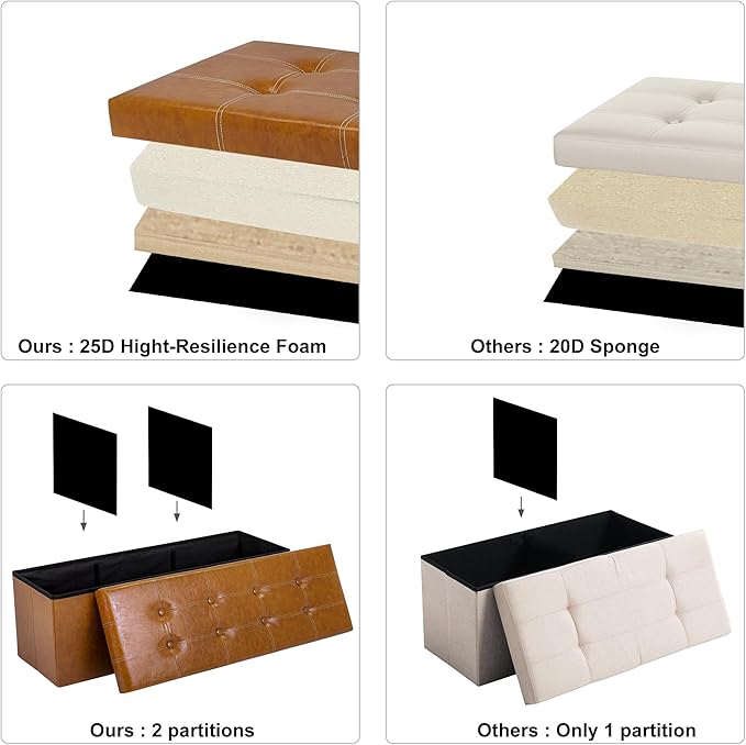 43 Inches Folding Storage Ottoman Bench, PU Leather Storage Chest, Footrest Padded Seat for Bedroom and Hallway, Holds up to 660 lbs, Light Brown-CasaMuseHome
