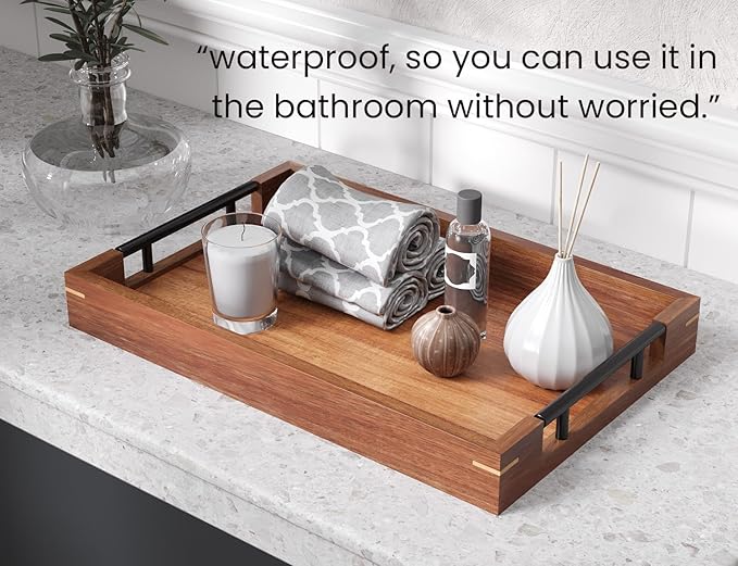 Acacia Wood Serving Tray with Metal Handles,15x10in Ottoman Decorative Trays Platter for Coffee Table,Living Room,Bar,Party(Medium)-CasaMuseHome