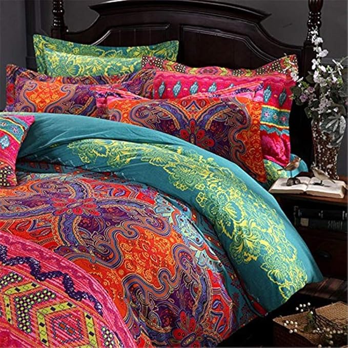 ABREEZE 3Pcs Bohemia Retro Bedding Ethnic Vintage Floral Duvet Cover Boho Bedding 100% Brushed Cotton Bedding Sets Damask Paisley Coloful Mandala Down Comforter Cover,King-CasaMuseHome