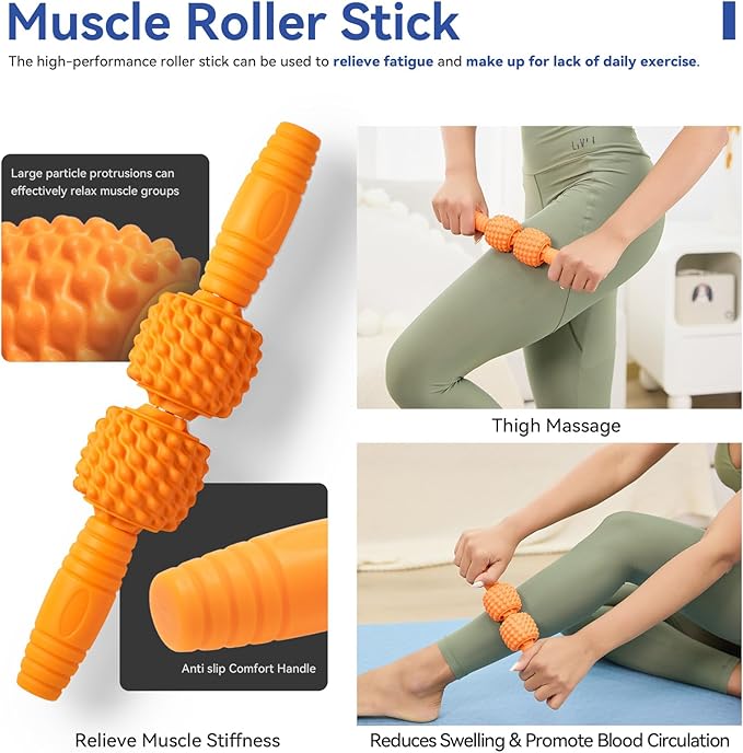 5 in 1 Foam Roller Set - Deep Tissue Foam Roller, Muscle Roller Stick, Massage Ball, Resistance Band for Physical Therapy & Deep Tissue Muscle Massage (Orange)-CasaMuseHome