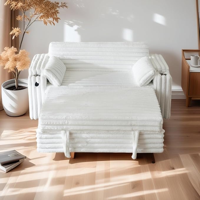 57-Inch Velvet Full Size Sleeper Sofa Couch with Pullout Bed,Convertible Pull Out with Golden Decorative Strip and Adjustable Backrest for Small Spaces,Apartment, Guest Room, RV (1109White)-CasaMuseHome