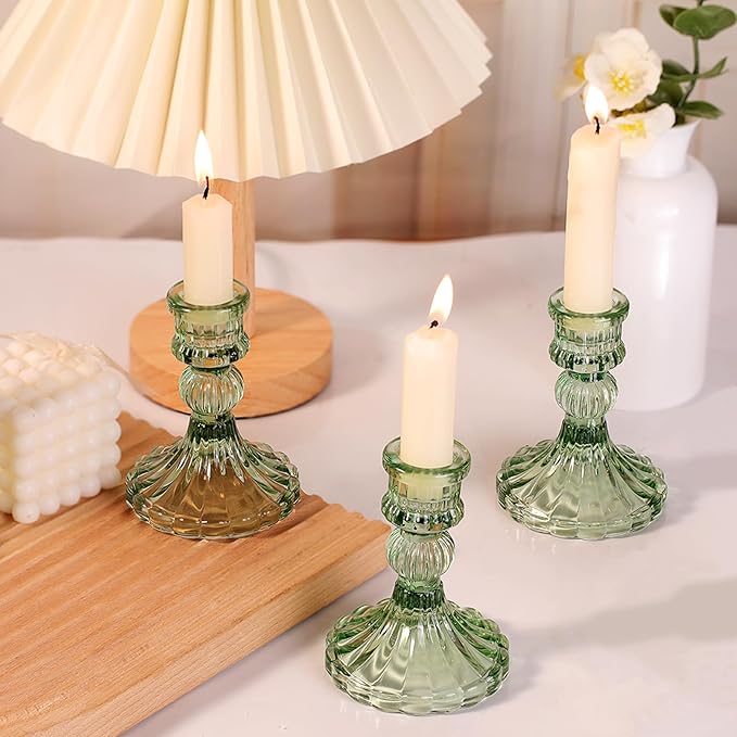 12PCS Green Candlestick Holders Set- 4" H Taper Candle Holders, Glass Candle Holders Bulk for Wedding, Party, Home Table Centerpieces, Festival Gifts & Windowsill Decor-CasaMuseHome