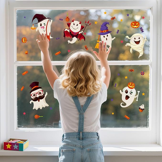 6 Sheet Halloween Stickers Clings Cute Ghost Decals Decor for Kids, Vintage Ghost Evil Pumpkin Reusable Window Stickers for Halloween Party Supplies Home Glass Decorations-CasaMuseHome