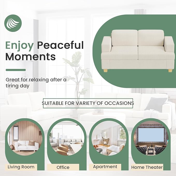 2 Pieces Corduroy Couch Set for Living Room, 5 Seats Cloud Sofa, Deep Seat Floor Couch for Bedroom, Futon Modern Sofa Bed, White Corduroy-CasaMuseHome