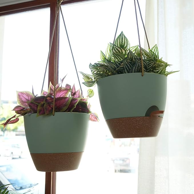 8 inch Hanging Planters, 2 Pack Self Watering Hanging Pots with 20oZ Deep Reservoir for Indoor Outdoor Plants Flowers, Green with Brown-CasaMuseHome